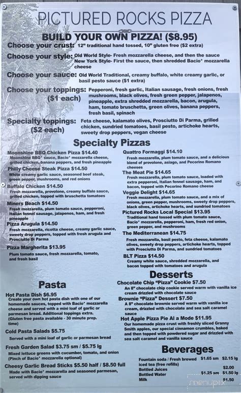 Traditional and gluten-free crusts are available, and a large variety of toppings and sauces let you customize your <b>pizza</b>. . Pictured rocks pizza menu